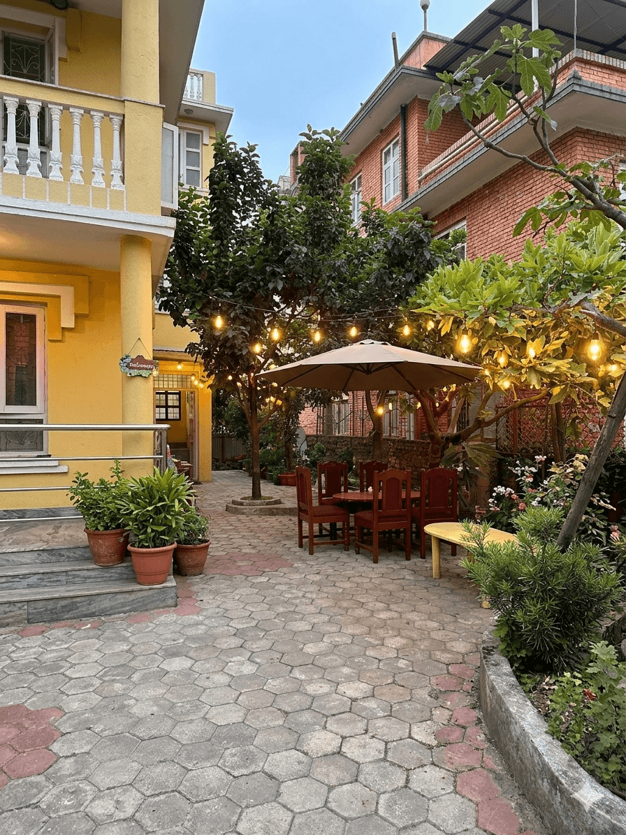 Outdoor seating under trees inside the Norbu Homestay courtyard